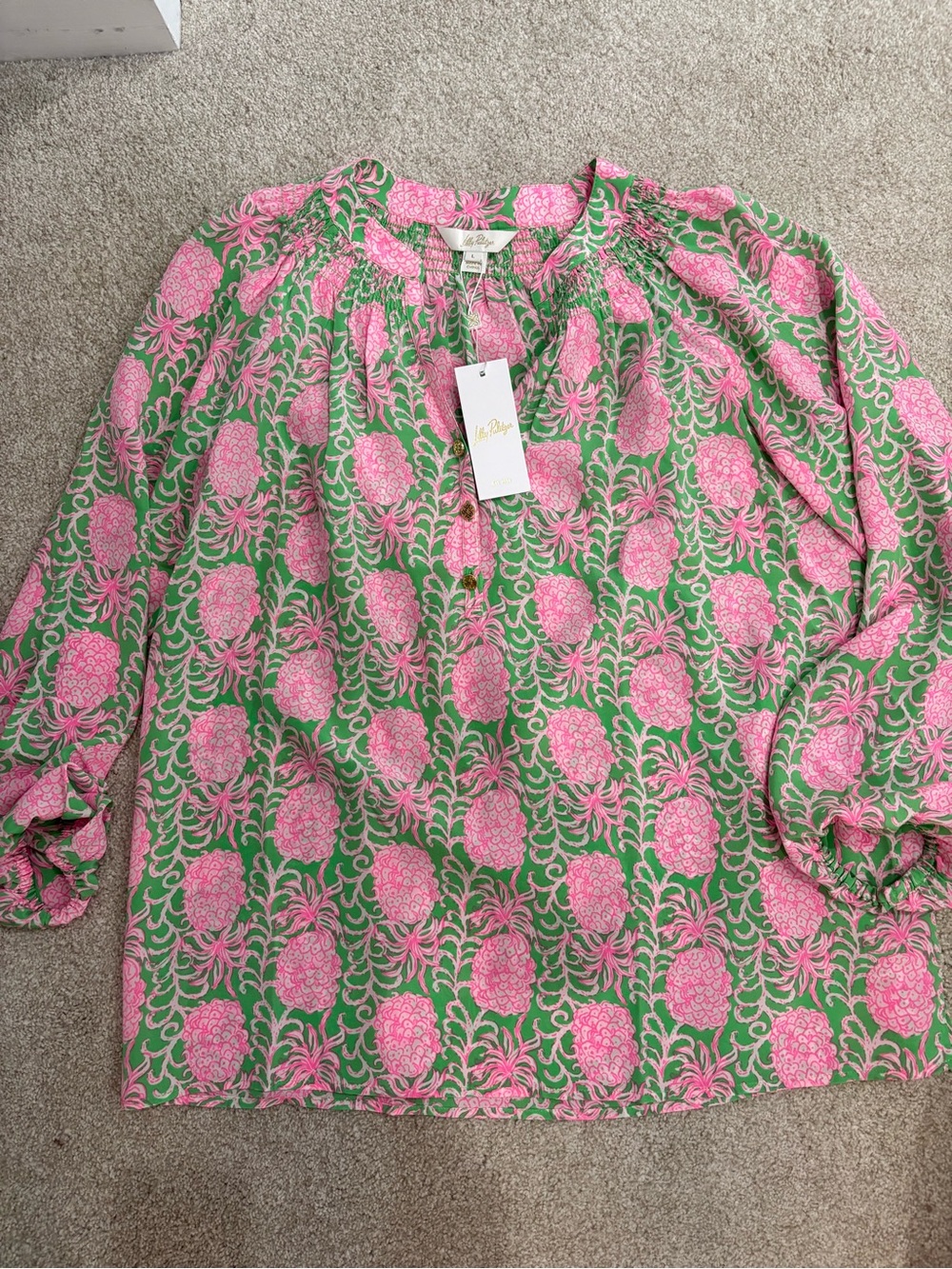 Lilly Pulitzer Pink Pineapple Print Blouse on Green
